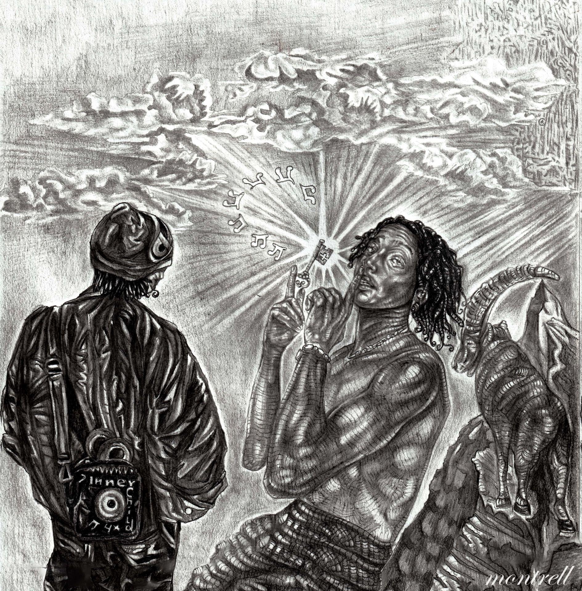 Surreal pencil drawing of two figures beneath clouds, one pointing at floating letters and music notes.