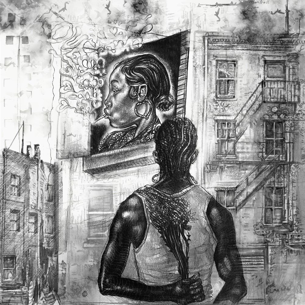 Person holding flowers looks at a street mural of a woman smoking, against an urban backdrop.