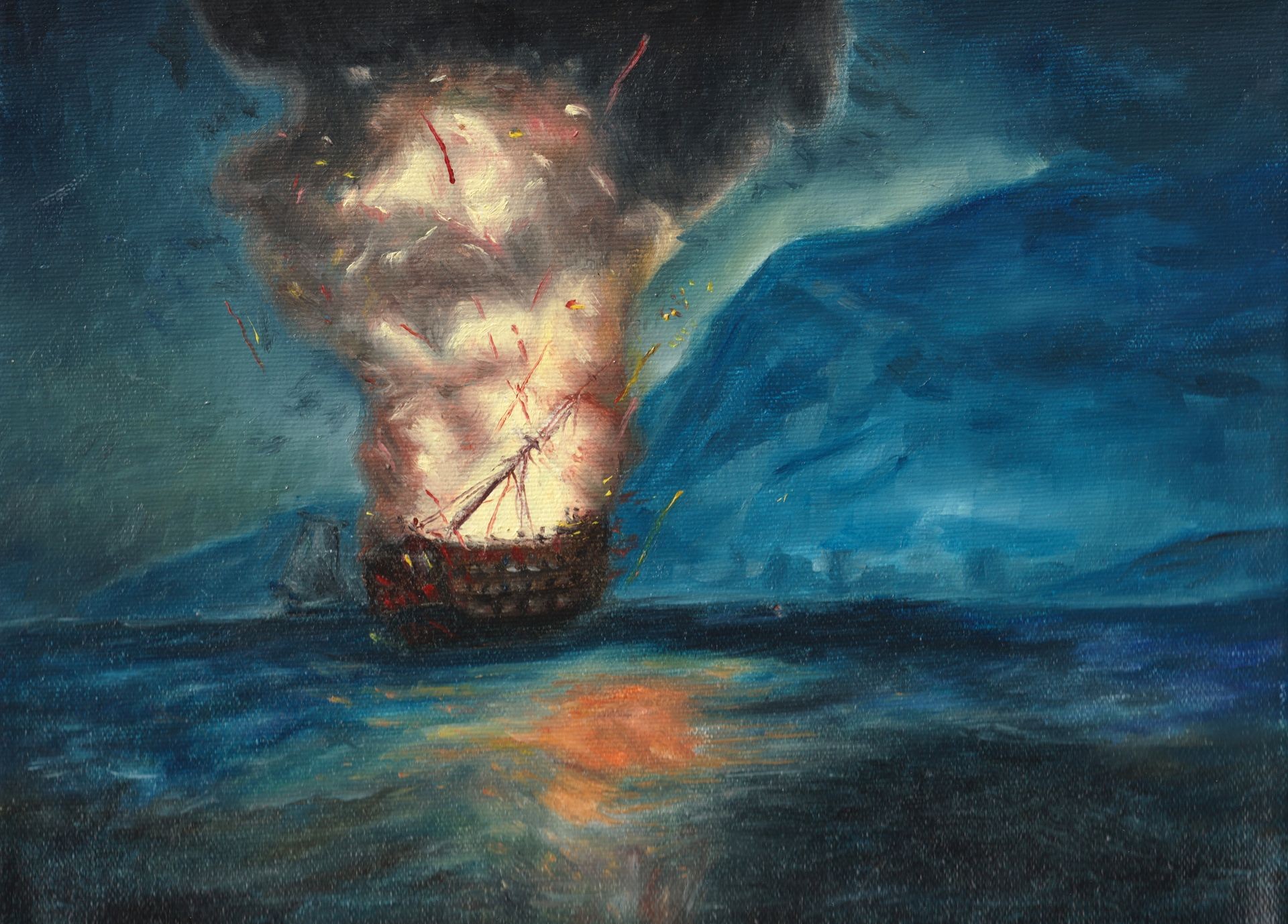 Painting of a ship on fire at sea, with dark smoke rising and reflections on the water.