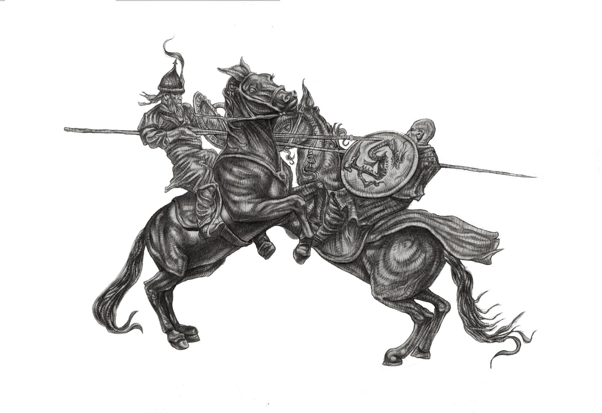 Illustration of two medieval knights on horseback jousting with lances and shields featuring intricate designs.