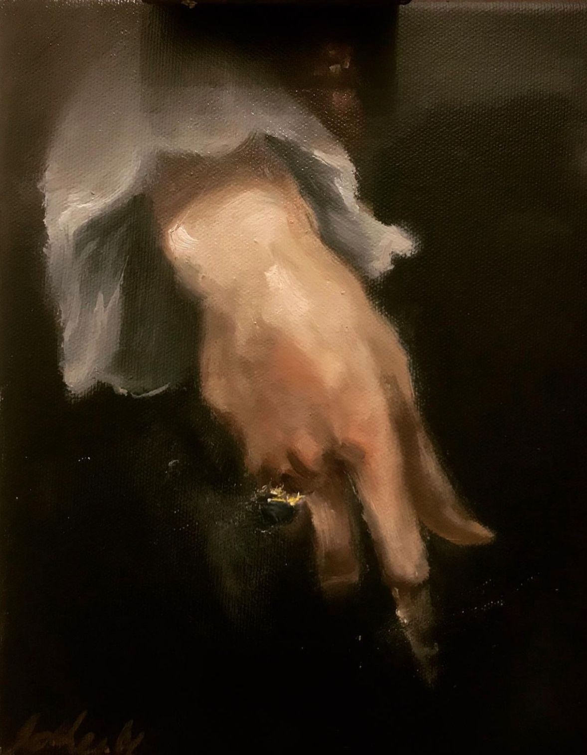 Oil painting of a hand with two fingers extended, set against a dark background.