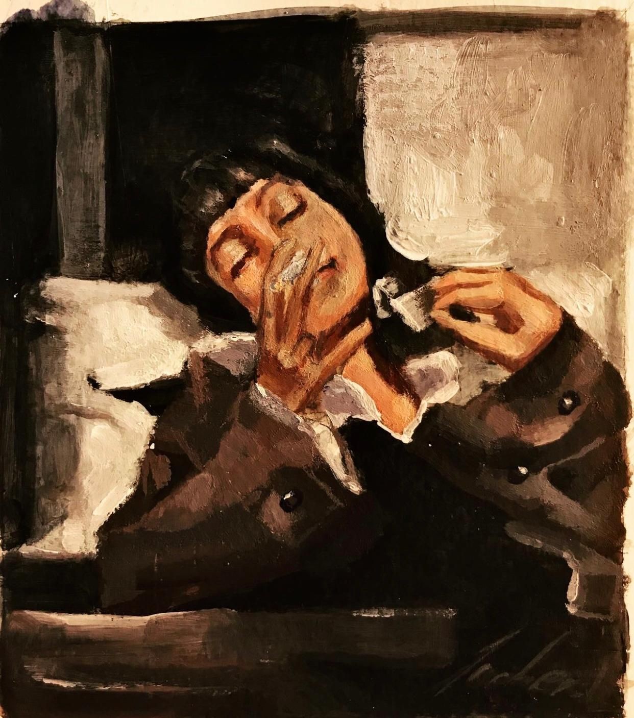 Painting of a person lying back with eyes closed, holding a tissue near their face.